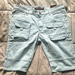Mens Demolition Baby Blue cargo shorts, Size 38, 6 pocket.